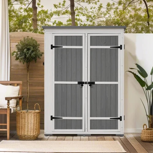 Outdoor 5.5ft Hx4.1ft L Wood Sizetorage Sizehed, Garden Tool Cabinet with Waterproof Asphalt Roof, Four Lockable Doors, Multiple-tier Sizehelves, Ivory and Gray