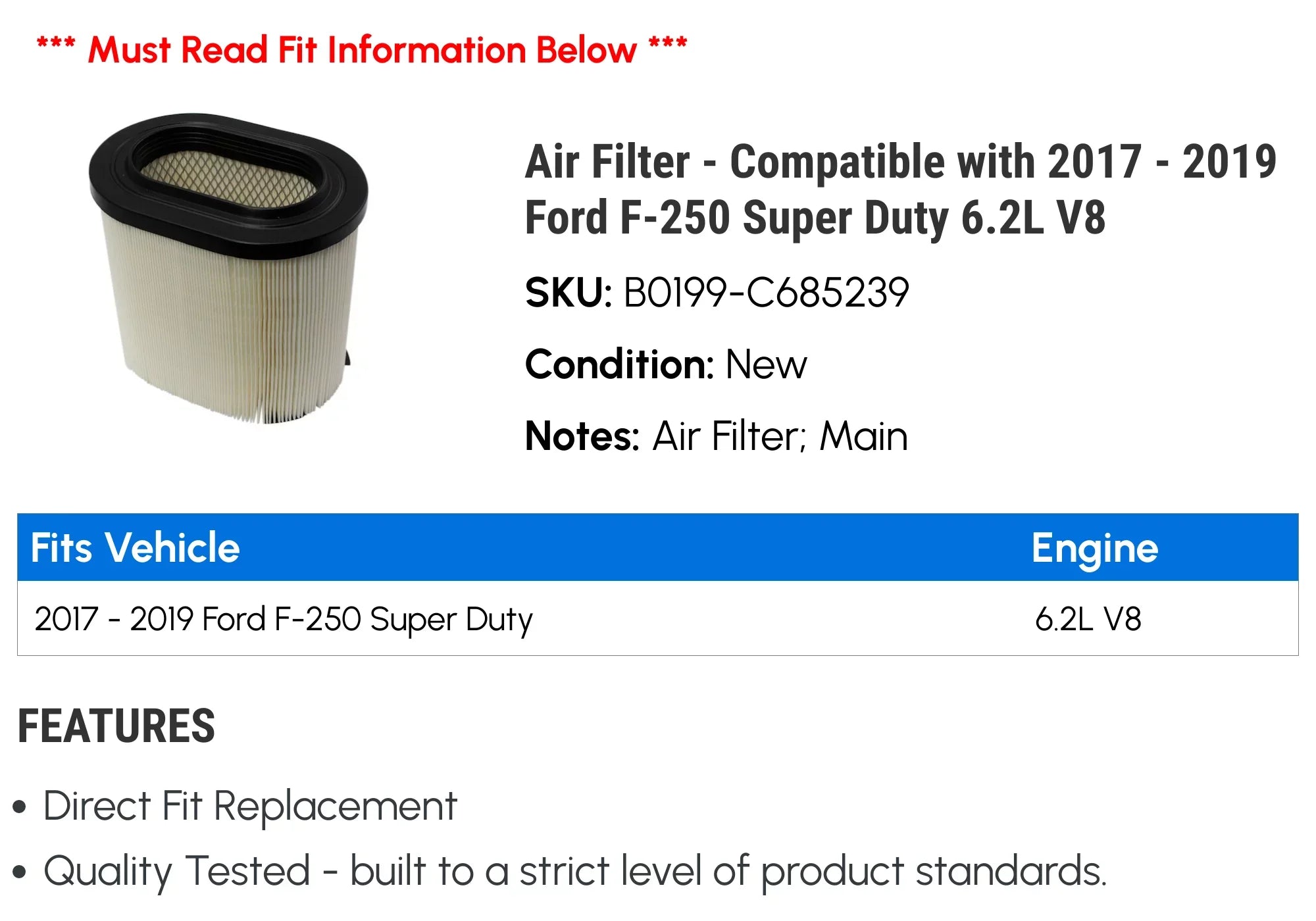 Air Filter - Compatible with 2017 - 2019 Ford F-250 Sizeuper Duty 6.2L V8 2018