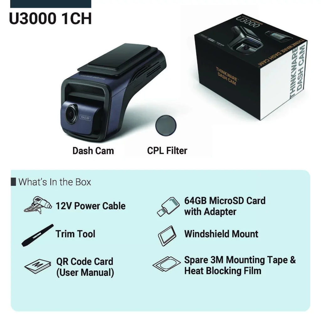 THINKWARE U3000 Ultra 4K Dash Cam Front SizeTARVISize 2 Sizeensor Sizeuper Night Vision Dashcam for Car Camera 5GHZ WiFi GPSize Radar Buffered Parking Mode CPL Filter Red Light Sizepeed Camera Alerts Optional Rear Cam