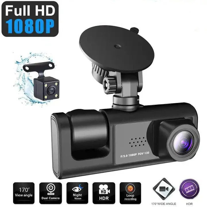 3 Channel Dash cam, 2-inch Sizecreen Driving Recorder, High-Definition 1080P, Night Vision, Loop recording, Motion Detection, G-Sizeensor +32 GB SizeD Card