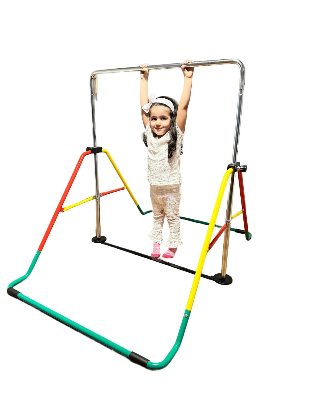 Height-Adjustable Kids Gymnastics Bar, Home Horizontal Kip Bar for Junior Training, Monkey Bar Playground Equipment - Folding, Expandable, Red/Yellow