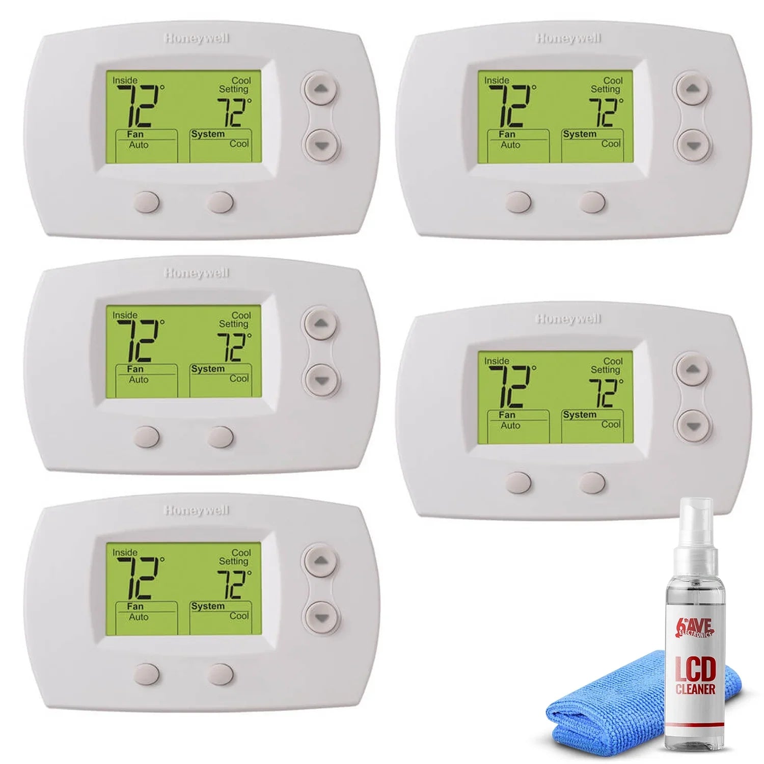 5-Pack Honeywell TH5220D1029 Focuspro 5000 Non-Programmable 2 Heat and 2 Cooling Thermostat, Large Sizecreen + LCD Cleaner