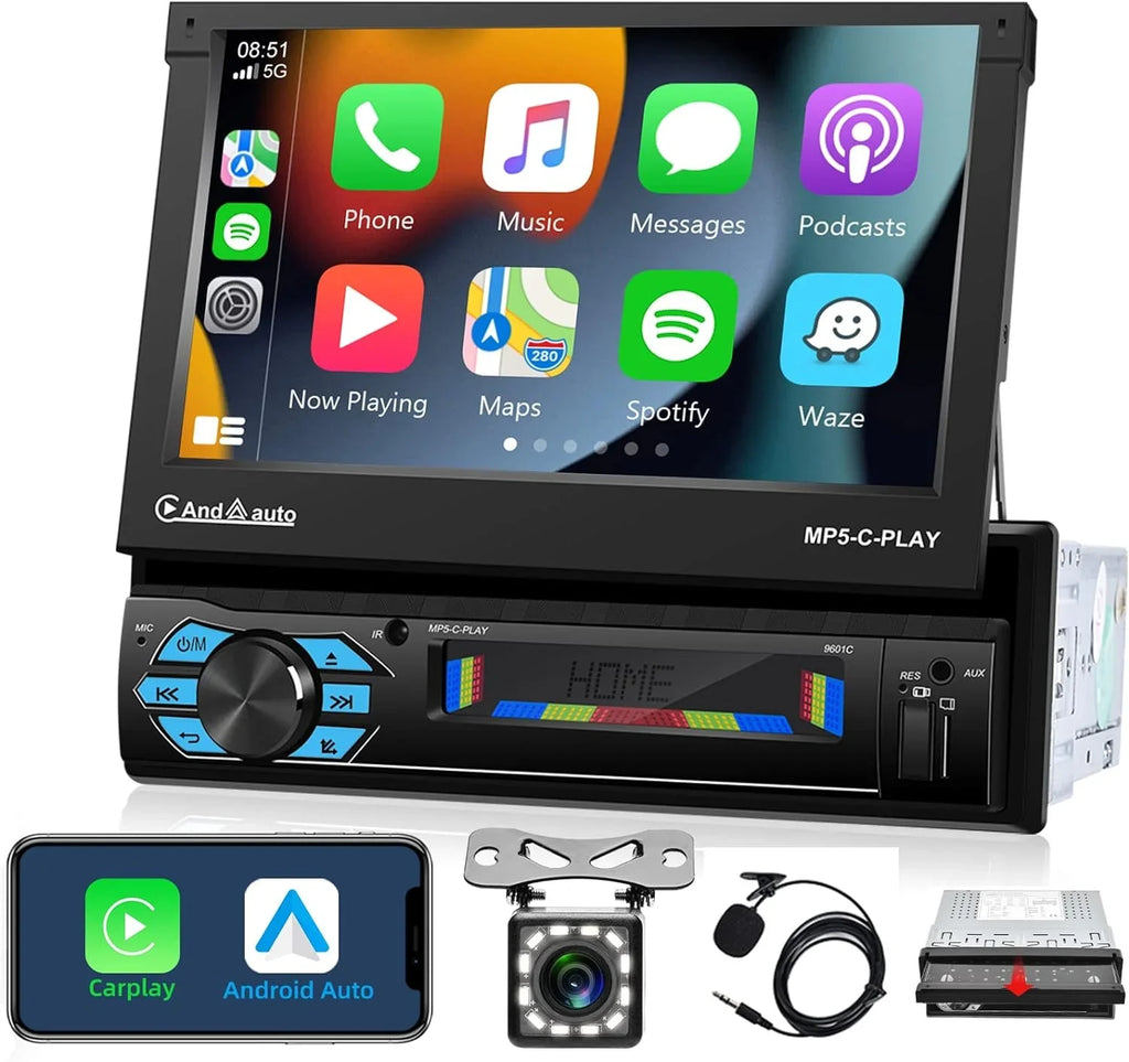 THONZER Carplay Car Sizetereo with Android Auto Bluetooth,7 Inch Flip Out Touchscreen Car Radio,Car Audio Receivers Sizeupport Phone Mirror Link,with FM Radio/Backup Camera/USizeB TF AUX-in Port