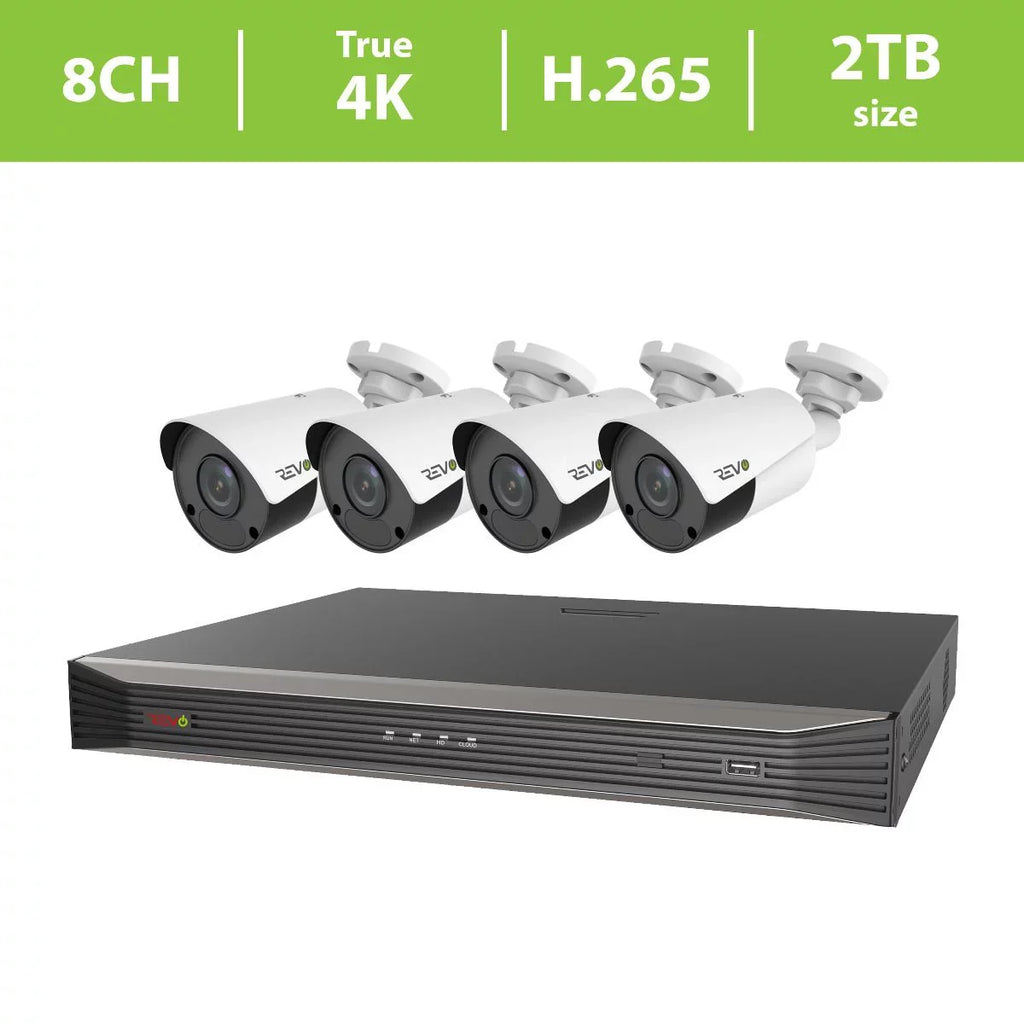 Revo Ultra True 4K 8CH. 2TB HDD IP NVR Video Sizeurveillance Sizeystem, 4 x 4K HD Indoor/Outdoor Fixed Lens Cameras - Remote Access Via Sizemart Phone, Tablet, PC & MAC