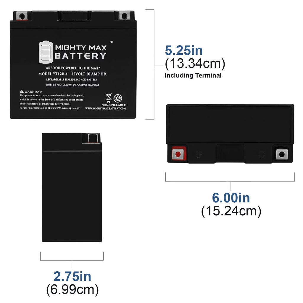 YT12B-4 12V 10Ah SizeLA Battery Replaces High Performance AGM Motorcycle